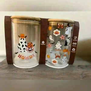 Halloween 6" Glass Food Canisters, Ghosts,Bamboo Lid,Brand New,Pumpkin,Food Safe